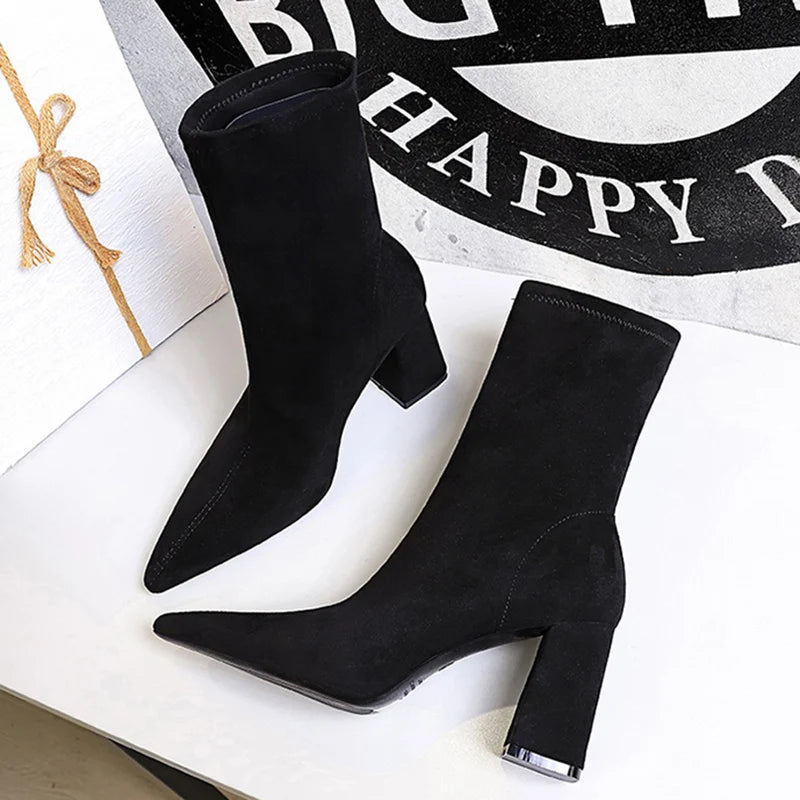 Women Winter Warm Plush 8cm High Square Heels Boots Female Concise Pointed Toe Mid Calf Shoes Lady Fashion Sewing Modern Booties