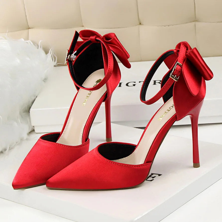 Women Summer 8cm 10cm High Heels Elegant Sandals Lady Silk Wedding Low Heels Butterfly Knot Bow Sandles Wine Red Bigtree Shoes