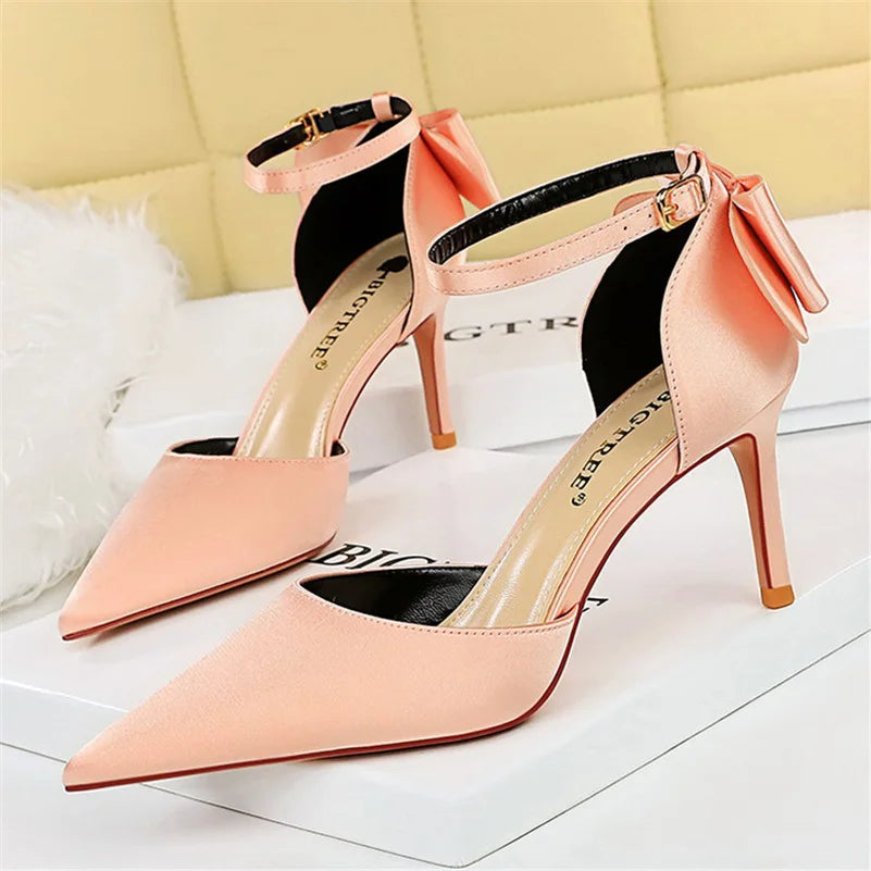 Women Summer 8cm 10cm High Heels Elegant Sandals Lady Silk Wedding Low Heels Butterfly Knot Bow Sandles Wine Red Bigtree Shoes