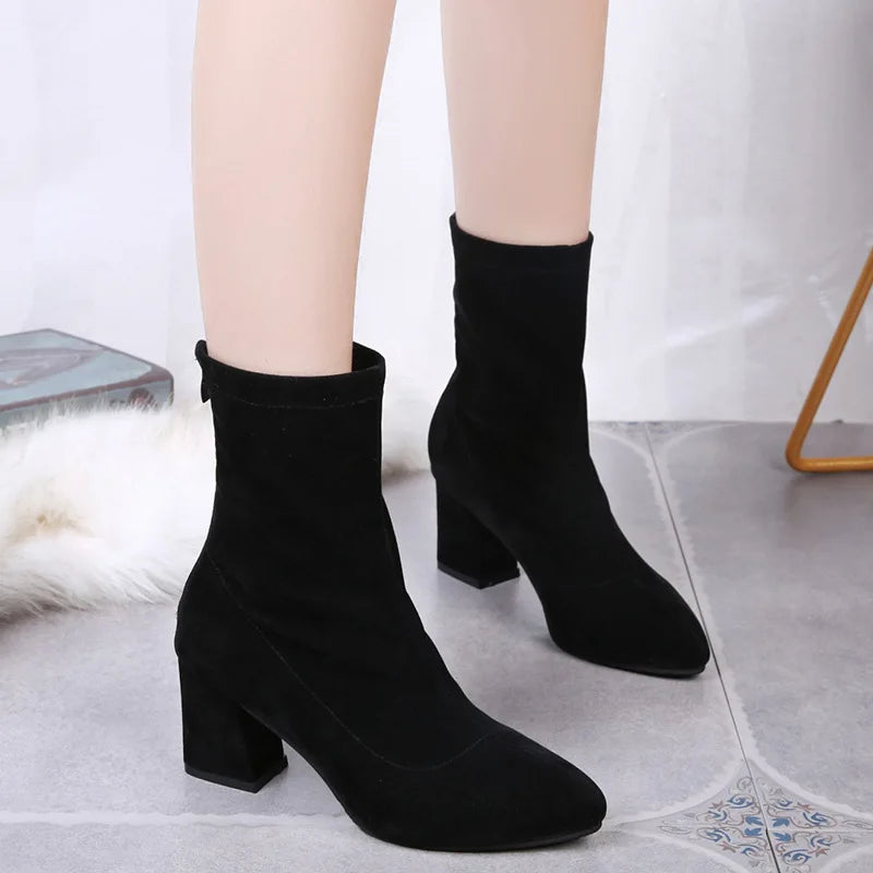 Short boots women's spring and autumn winter 2025 Korean version new thick heel pointed toe thick heel high heels