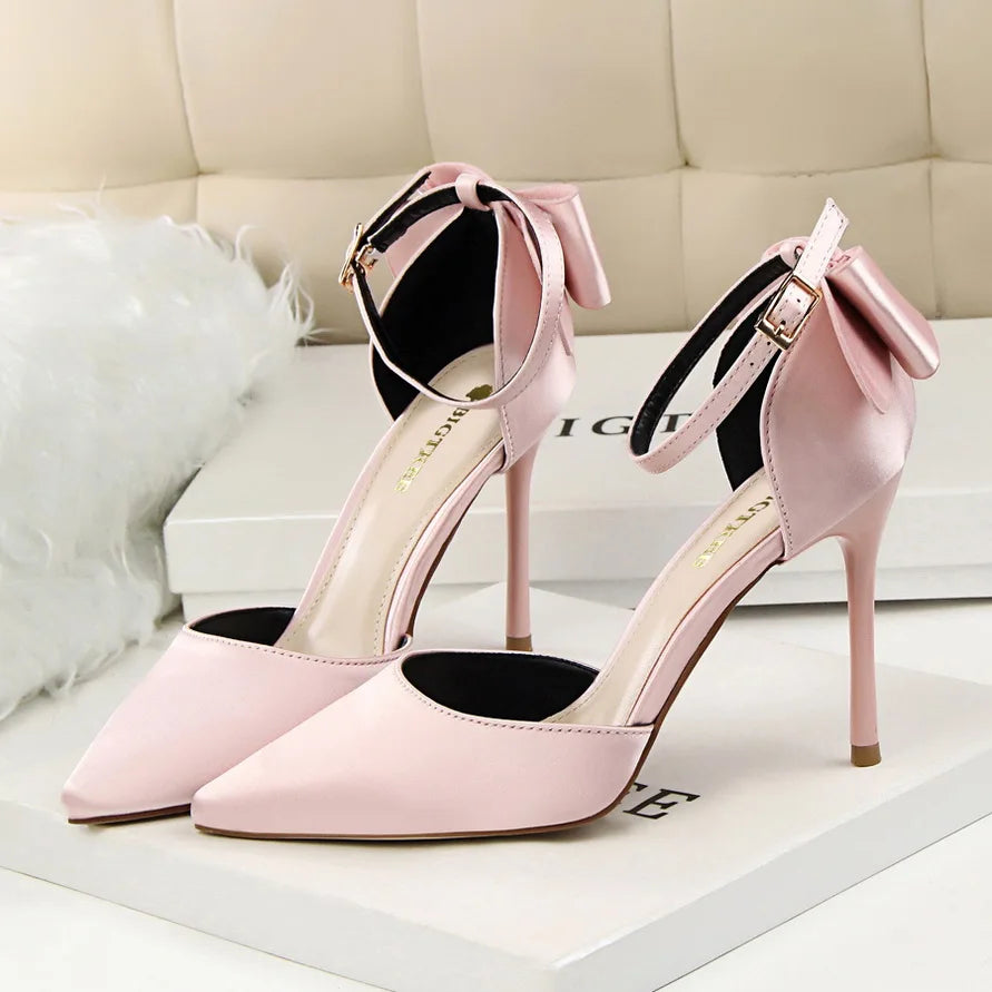 Women Summer 8cm 10cm High Heels Elegant Sandals Lady Silk Wedding Low Heels Butterfly Knot Bow Sandles Wine Red Bigtree Shoes