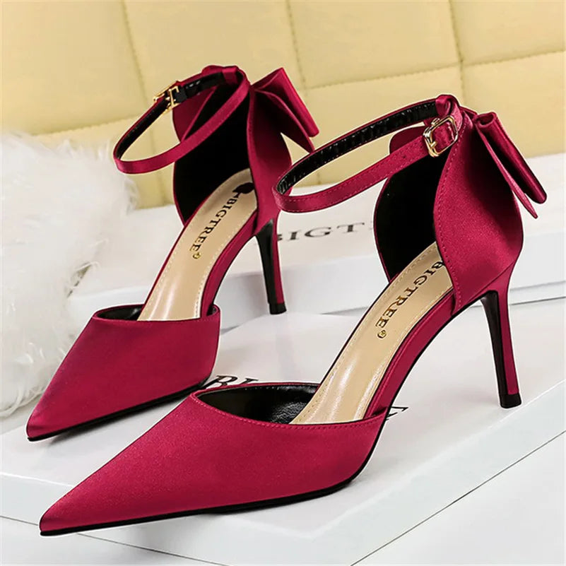 Women Summer 8cm 10cm High Heels Elegant Sandals Lady Silk Wedding Low Heels Butterfly Knot Bow Sandles Wine Red Bigtree Shoes