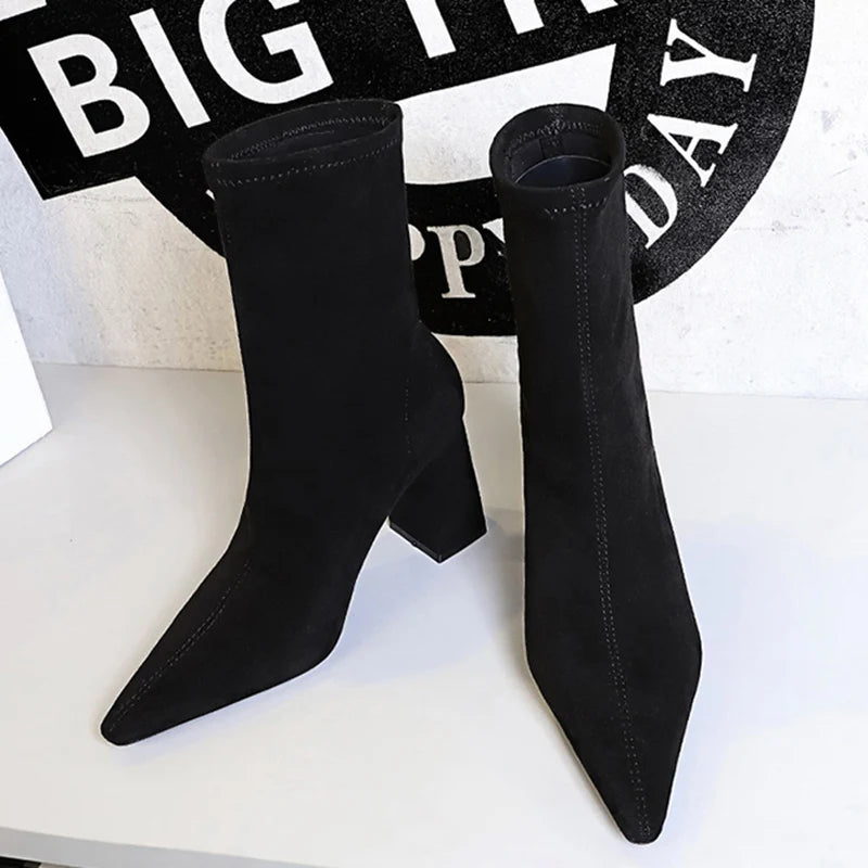 Women Winter Warm Plush 8cm High Square Heels Boots Female Concise Pointed Toe Mid Calf Shoes Lady Fashion Sewing Modern Booties