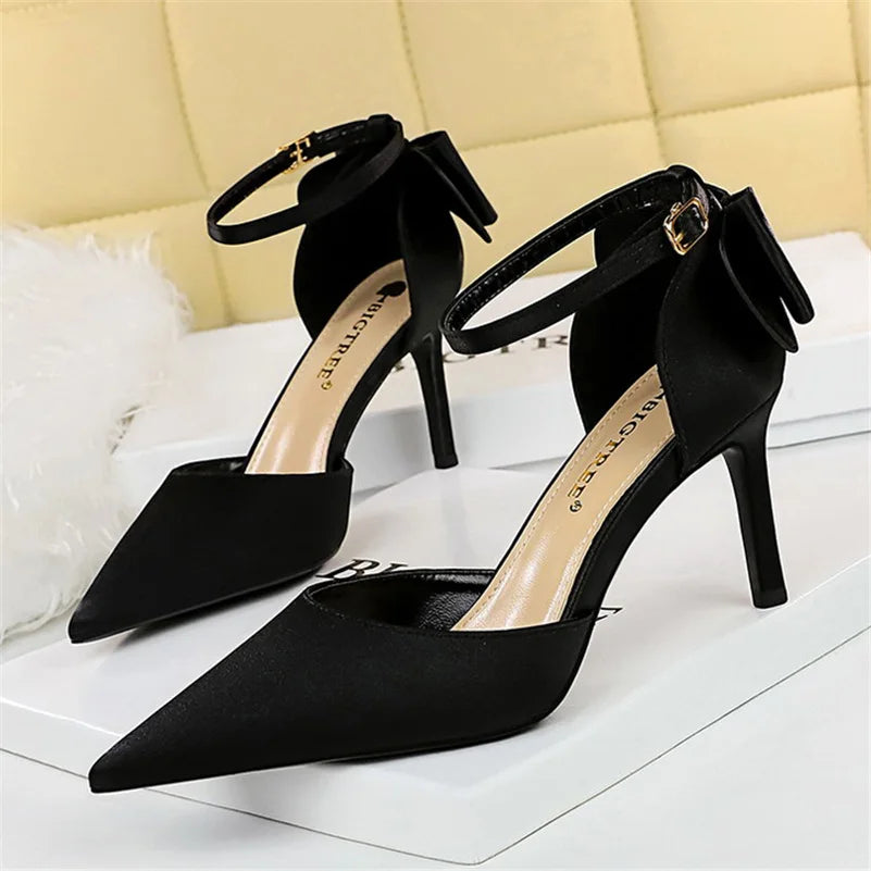 Women Summer 8cm 10cm High Heels Elegant Sandals Lady Silk Wedding Low Heels Butterfly Knot Bow Sandles Wine Red Bigtree Shoes