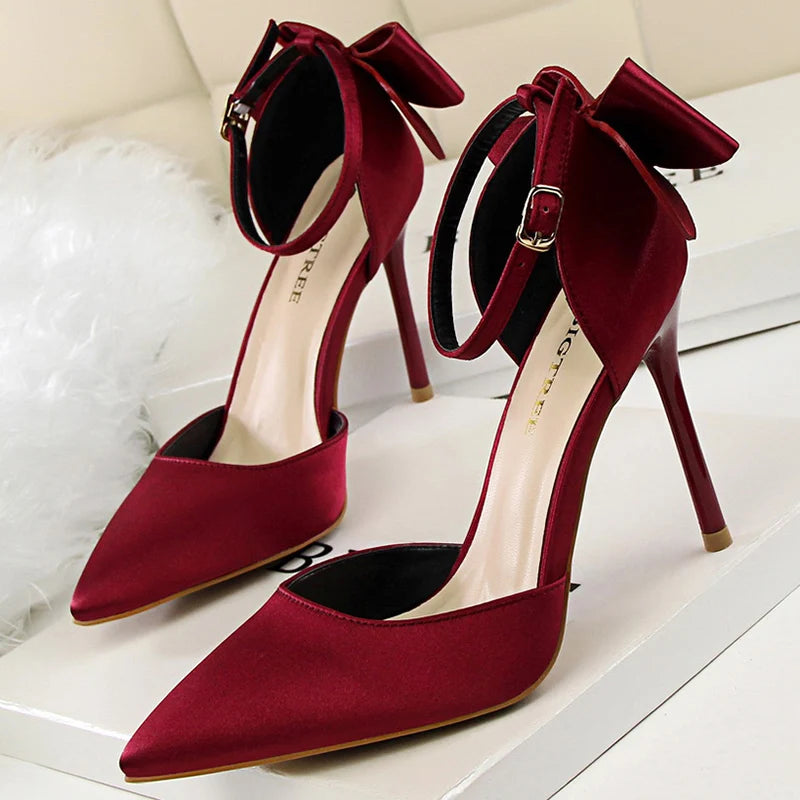 Women Summer 8cm 10cm High Heels Elegant Sandals Lady Silk Wedding Low Heels Butterfly Knot Bow Sandles Wine Red Bigtree Shoes