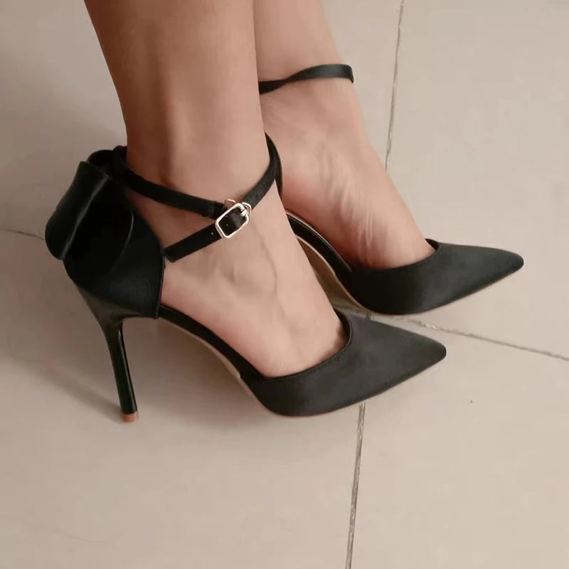 Women Summer 8cm 10cm High Heels Elegant Sandals Lady Silk Wedding Low Heels Butterfly Knot Bow Sandles Wine Red Bigtree Shoes