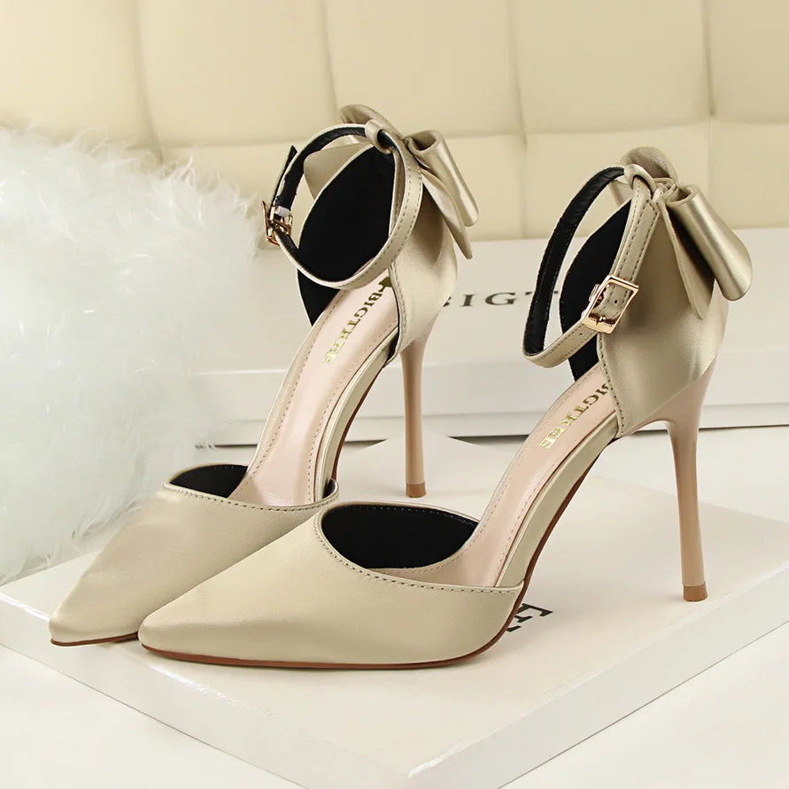 Women Summer 8cm 10cm High Heels Elegant Sandals Lady Silk Wedding Low Heels Butterfly Knot Bow Sandles Wine Red Bigtree Shoes