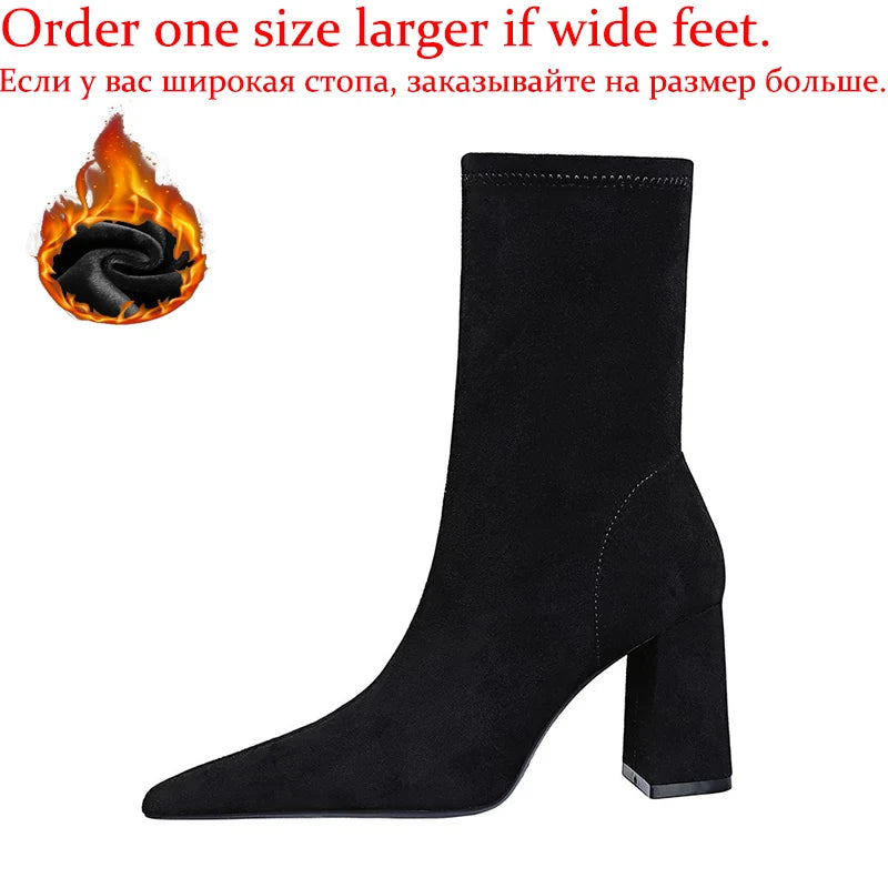 Women Winter Warm Plush 8cm High Square Heels Boots Female Concise Pointed Toe Mid Calf Shoes Lady Fashion Sewing Modern Booties