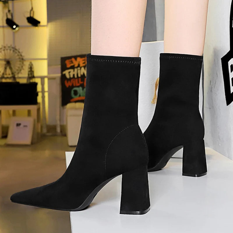 Women Winter Warm Plush 8cm High Square Heels Boots Female Concise Pointed Toe Mid Calf Shoes Lady Fashion Sewing Modern Booties