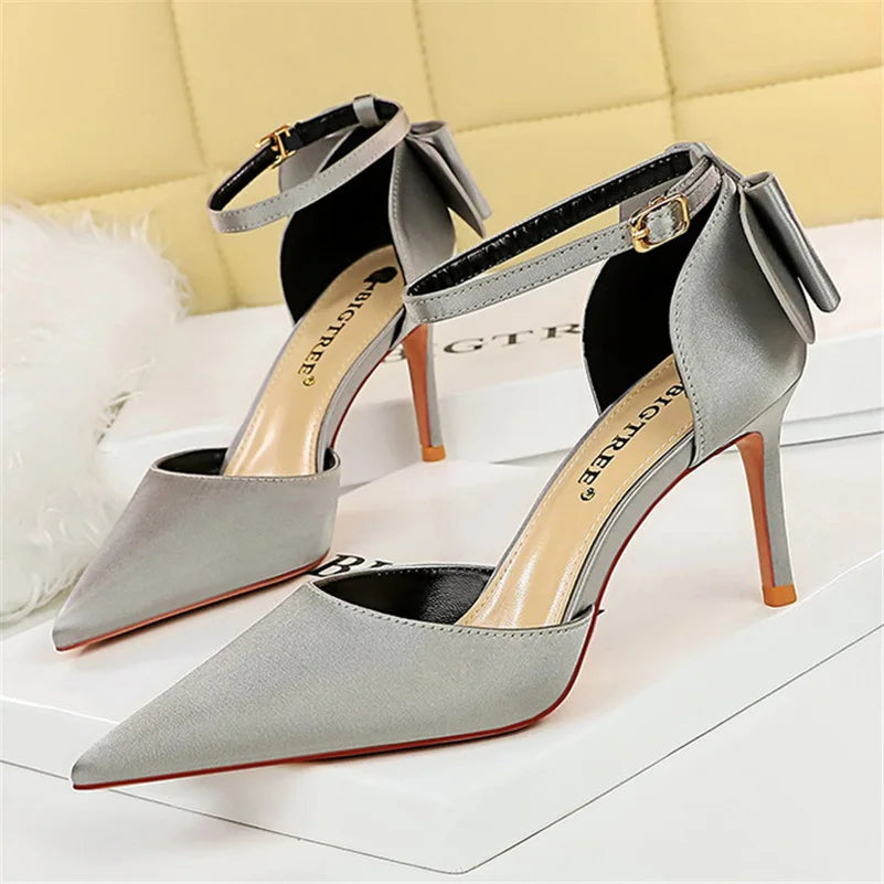Women Summer 8cm 10cm High Heels Elegant Sandals Lady Silk Wedding Low Heels Butterfly Knot Bow Sandles Wine Red Bigtree Shoes