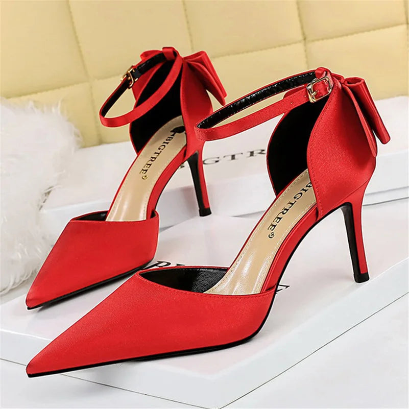 Women Summer 8cm 10cm High Heels Elegant Sandals Lady Silk Wedding Low Heels Butterfly Knot Bow Sandles Wine Red Bigtree Shoes
