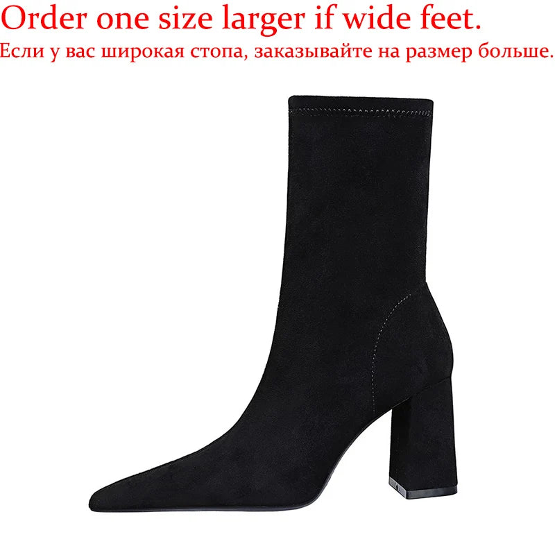 Women Winter Warm Plush 8cm High Square Heels Boots Female Concise Pointed Toe Mid Calf Shoes Lady Fashion Sewing Modern Booties